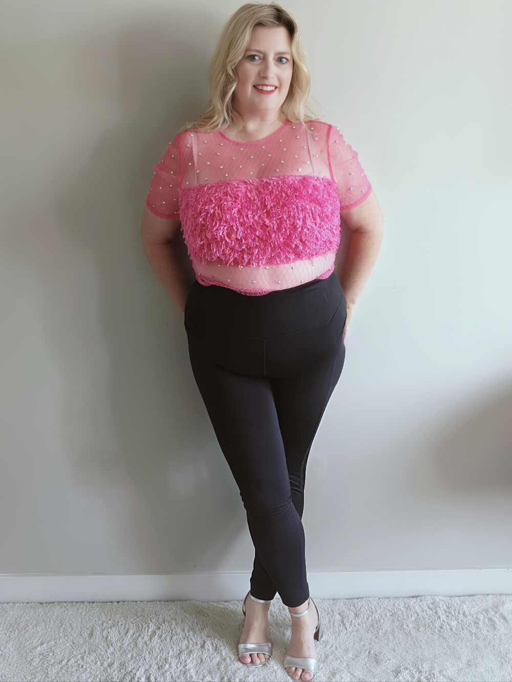 SHEIN Large Hot Pink Mesh Crop Top| Rhinestone Bedazzled Faux Feather Barbiecore